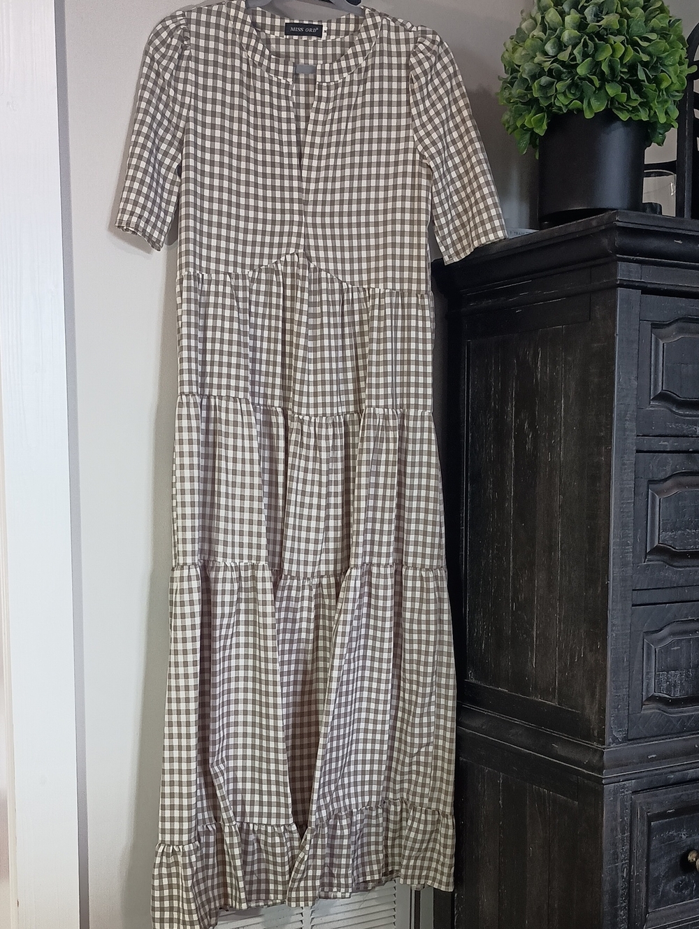 Taupe Gingham Tiered Women's Dress
